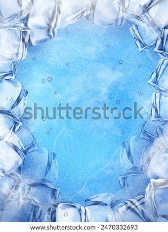 3D Refreshing cooling background with ice cubes border.