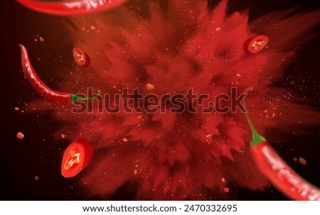 3D Hot red powder explosion effect background with chili pepper flying out.