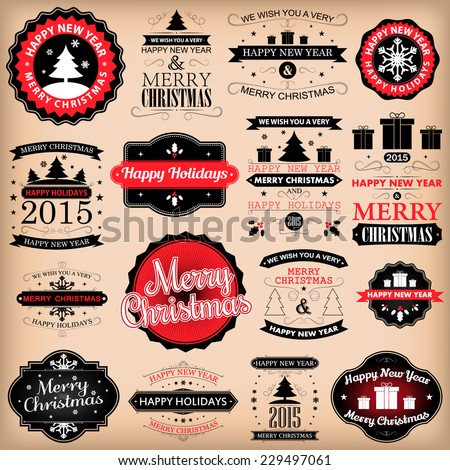 Happy New Year, Merry Christmas and Happy Holidays vintage labels for Holiday design, vector illustration eps 10
