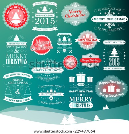 Happy New Year, Merry Christmas and Happy Holidays vintage labels for Holiday design, vector illustration eps 10