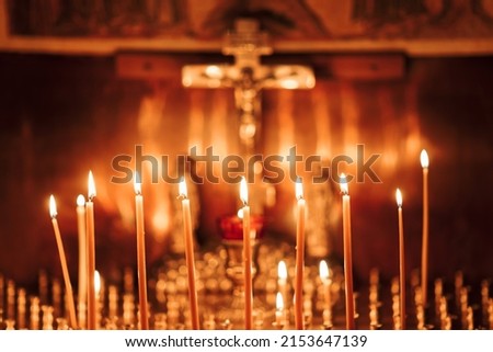 Similar – Image, Stock Photo Candles in the church pray