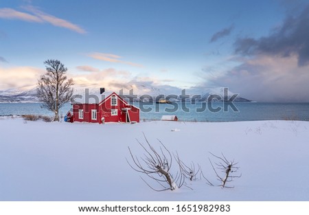 Similar – Foto Bild Skandinavische Häuser am Ufer des schmalsten Fjords in Norwegen