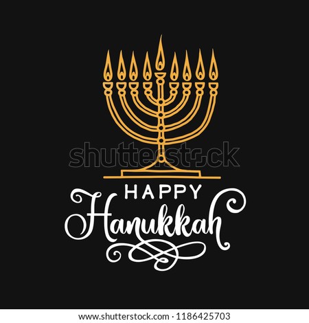 Happy Hanukkah lettering greeting card. Festive poster print typographical inscription. Vector vintage illustration.