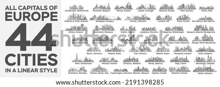 
All capitals of Europe. 44 cities in a linear style with famous views and landmarks. Editable stroke. Skyline city line illustrations.