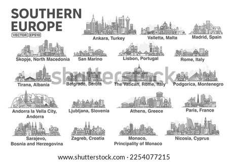 All capitals of Southern Europe. Cities in a linear style with famous views and landmarks. Editable stroke. Skyline city line illustrations.