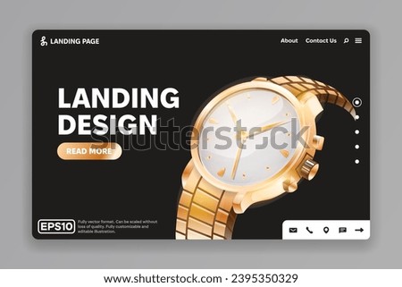 Illustration of a luxury gold watch. Landing design for a store of branded watches and accessories.