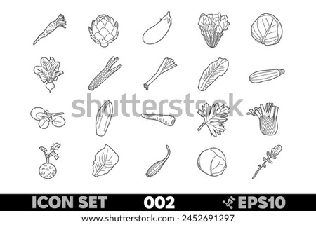 Set of 20 linear icons of various vegetables and greens in black-and-white design. Includes zucchini, parsnips, parsley, fennel, kohlrabi, celery, Swiss chard, radish, and more.