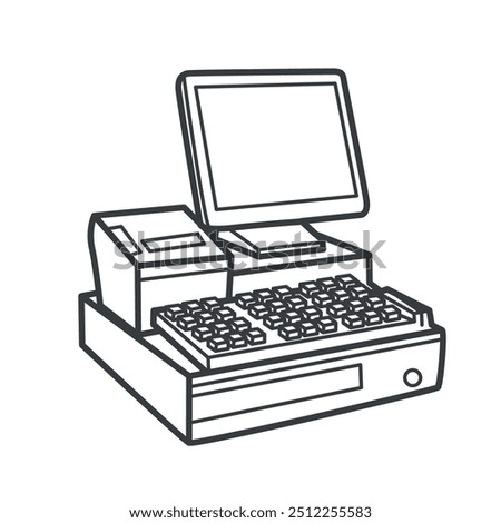 Minimalist black and white vector line icon of a cash register. This icon represents a typical electronic cash register used in retail stores for transactions.