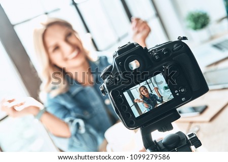 Similar – Image, Stock Photo Cheerful female filming beauty video blog