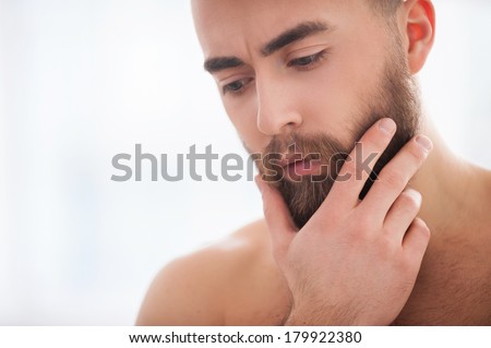 Beard handsome. Portrait of confident young beard man holding hand on chin and looking away