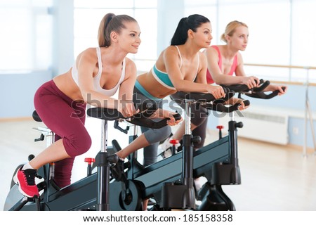 Cycling on exercise bikes. Two attractive young women in sports clothing exercising on gym bicycles