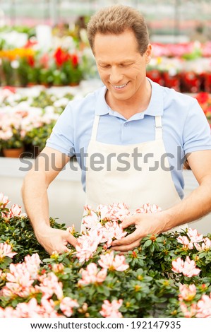 He loves his job. Handsome mature man in apron arranging flowers and smiling