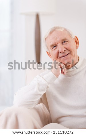 Feeling peaceful at home. Cheerful senior man holding hand on chin while sitting in chair