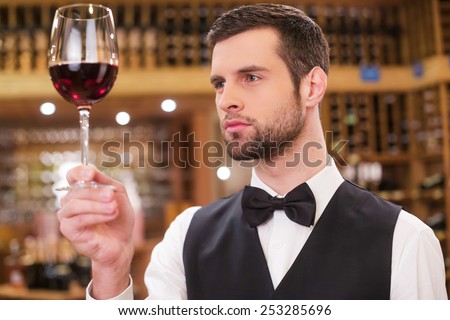 Great color. Confident young man in waistcoat and bow tie examining red wine while holding wineglass and standing in front of wine shelf