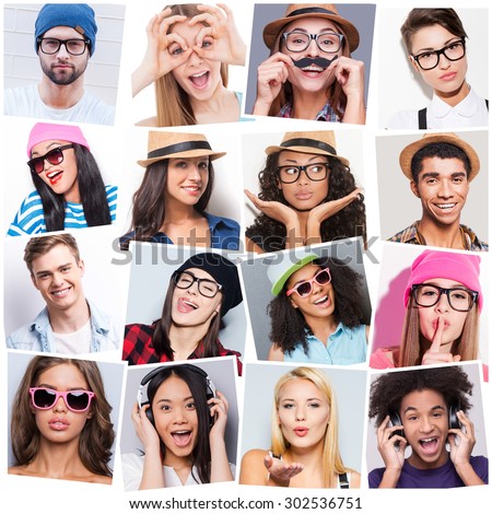 Young and carefree. Collage of diverse multi-ethnic young people expressing different emotions
