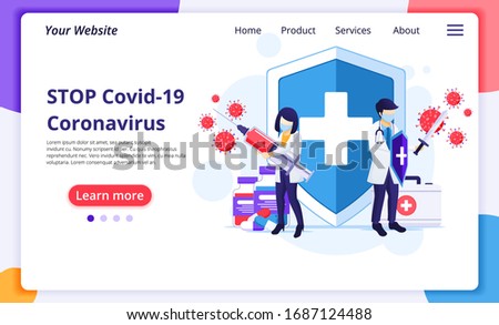 People fight with virus, Doctor and nurse fighting Covid-19 Corona virus concept. Modern flat web landing page design template. Vector illustration