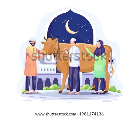 People donate a cow to be sacrificed or qurban on Eid al Adha Mubarak. Flat vector illustration