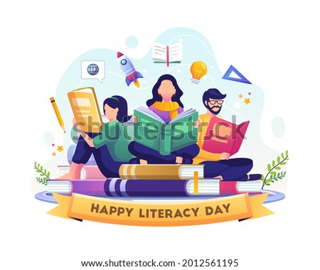 Happy Literacy Day. Young People celebrate Literacy Day by reading books. Flat vector illustration