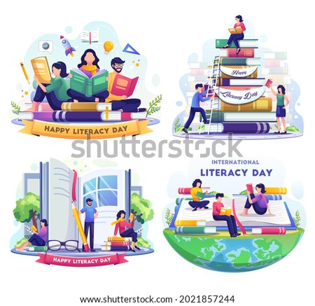Set bundle of Literacy Day with People celebrate Literacy Day by reading books. flat vector illustration