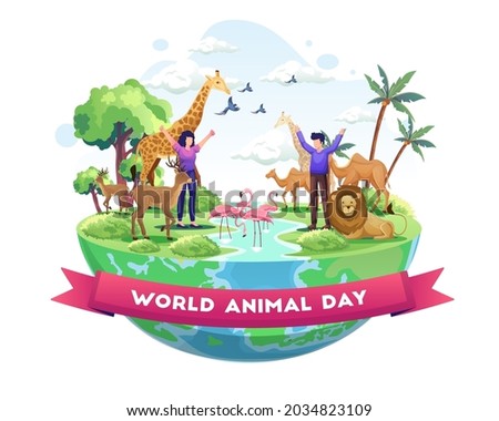 People Celebrate World Animal Day. Animals on the planet, Wildlife Day with the animals. Flat Vector Illustration