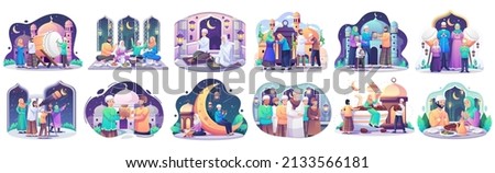 Set Collection of Ramadan concept illustration. Happy Muslim people celebrate Holy Month Ramadan, Iftar Party, Reading Qur'an, Taraweeh, Eid Mubarak greeting. vector illustration