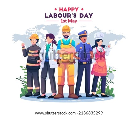 A Group of People in different Professions. Construction worker, Female Doctor, Policeman, Chef woman, Fireman standing together celebrate Labour day. Flat style vector illustration Stock foto © 