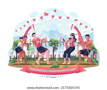 People celebrate Indonesian Independence Day by participating in Tug of war or Tarik Tambang game competition. Vector illustration in flat style