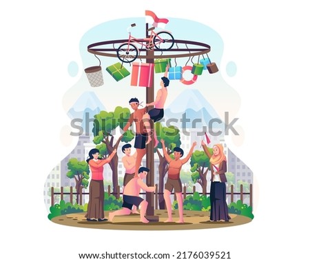 People celebrate Indonesian Independence Day by Panjat pinang or pole climbing traditional game competition. Vector illustration in flat style