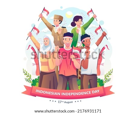 People celebrate Indonesia's independence day by each raising the red and white Indonesian flag. Indonesia independence day on August 17th. Vector illustration in flat style