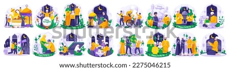 Huge Illustration Set of Ramadan concept with Muslim People greeting and celebrating Ramadan Kareem and Eid Mubarak. Greeting Each other and apologizing. Iftar Party. Reading Quran