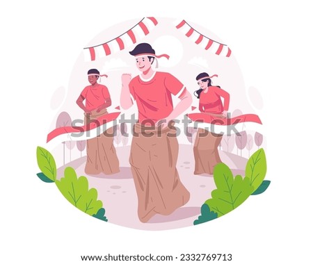 People celebrate Indonesia Independence Day by participating in Sack Race Competition or Lomba Balap Karung on the 17th of August. Indonesian Independence Day concept illustration