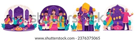 Illustration Set of Happy Diwali Greetings. Indian People in Traditional Clothing Holding Lit Oil Lamps or Diya Celebrating Diwali Festival of Lights