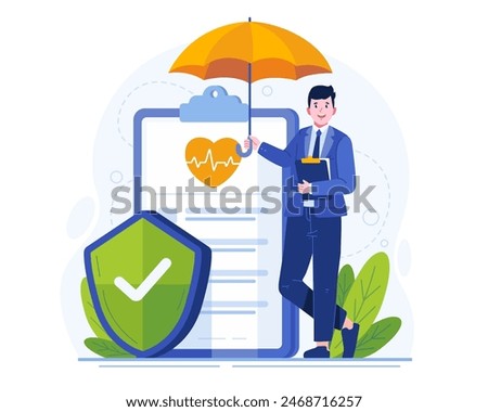 Insurance Concept Illustration. A Male Insurance Agent Standing With Crossed Legs Holding an Umbrella Near a Huge Insurance Policy Paper Document