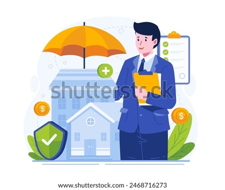 Property Insurance Agent Illustration. A Male Agent Holds an Umbrella to Protect a House. Home Insurance Service Concept