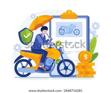 A Young Man Riding a Motorbike While Holding an Umbrella Protected by Insurance. Motorbike Insurance Illustration Concept