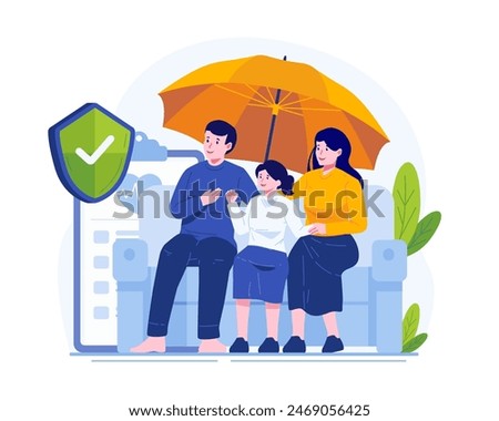 A Happy Family Protected by Insurance. Health and Life Insurance Concept Illustration