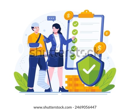 Insurance Concept Illustration. A Female Insurance Agent Explains Insurance Coverage to an Injured Man With Bandages and Crutches