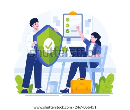 Insurance Concept Illustration. A Female Worker Gets Insurance Protection From a Male Agent Holding a Shield With a Checkmark