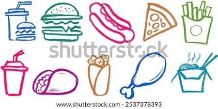 Fast Food Related Icon Crayon Chalk Drawing Vector Set