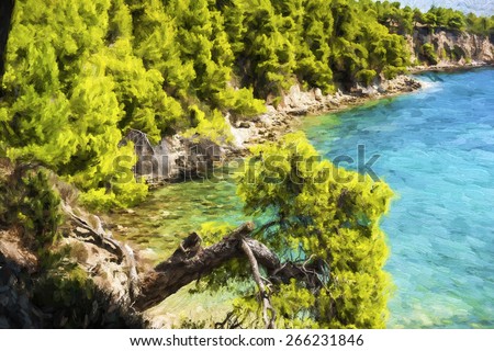Rocky beach of alonissos at Sporades, Greece - Painting effect