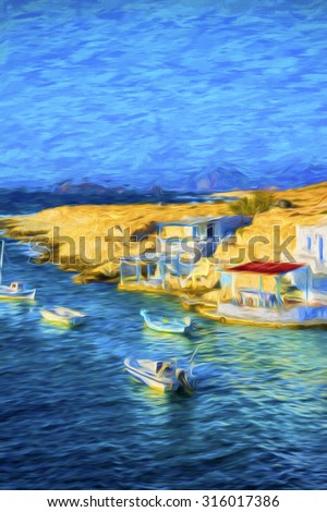 Artistic view of traditional fishing village with fishing boats on Milos island at Greece - painting effect