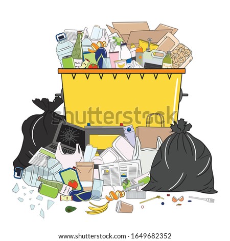 Trash can full of garbage and pile of garbage. Waste management. Garbage pollution. Overflowing rubbish, food, metal, plastic, paper, glass, mixed trash. Recycling. Hand drawn vector illustration.