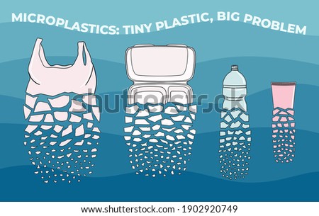 The disposable plastic breaks up into small pieces. Microplastics in water from mismanaged plastic waste. Marine and ocean plastic pollution. Environmental problems. Hand drawn vector illustration.