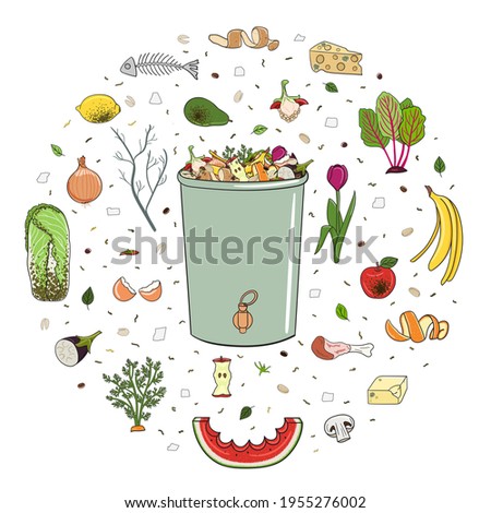 Circle with organic waste and compost bin. No food wasted. Recycling organic waste, compost. Sustainable living, zero waste concept. Hand drawn vector illustration.