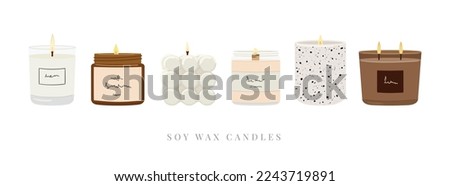 Set of scented burning candles. Soy wax candles in jar and pillar.  Home decorative natural candles. Aroma candles collection. Zero waste eco gifts. Hand draw vector illustration isolated on white 