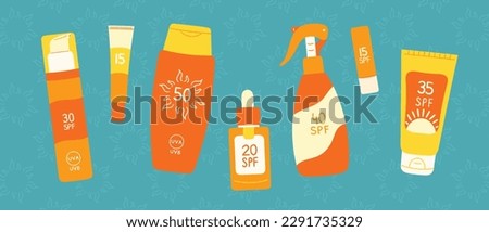 Set of sunscreen products on turquoise background. SPF protection and sun safety concept. SPF sunblock summer products lotion, cream, spray, stick.  Hand drawn vector illustration 