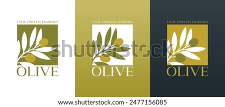 Vector logo of olive branch with leaves. Modern hand drawn vector olive oil icons. Branding concept for olive oil company, organic, eco-friendly oil products, wellness, beauty, culinary services 