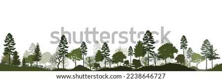 Forest silhouette trees. Vector illustration of every tree isolated. Evergreen forest side view green shadow, for seamless border, architecture and landscape design drawing. 