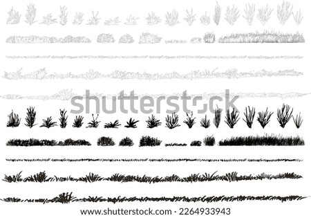 set of grass line cad and silhouettes isolated on white background. Ground cover. Illustration for  elevation architectural element, side view, grass section. Turf coating banners for edging.