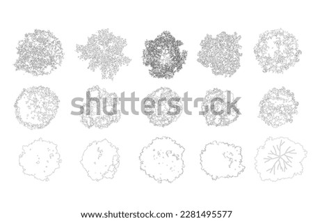 set of tree top view for landscape plan and architecture element. trees plan line cad, tree plan drawing, elements for environment and garden